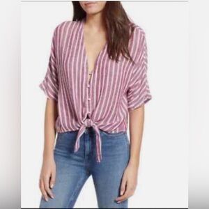 Rails Thea Tie Front Striped Linen Blend Shirt, Red White Milos Stripe, Size L